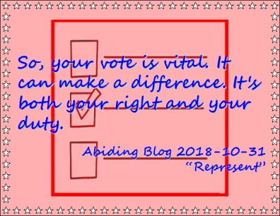 So, your vote is vital. It can make a difference. It's both your right and your duty. #PracticeDemocracy #YourVoteIsVital #AbidingBlog2018Represent